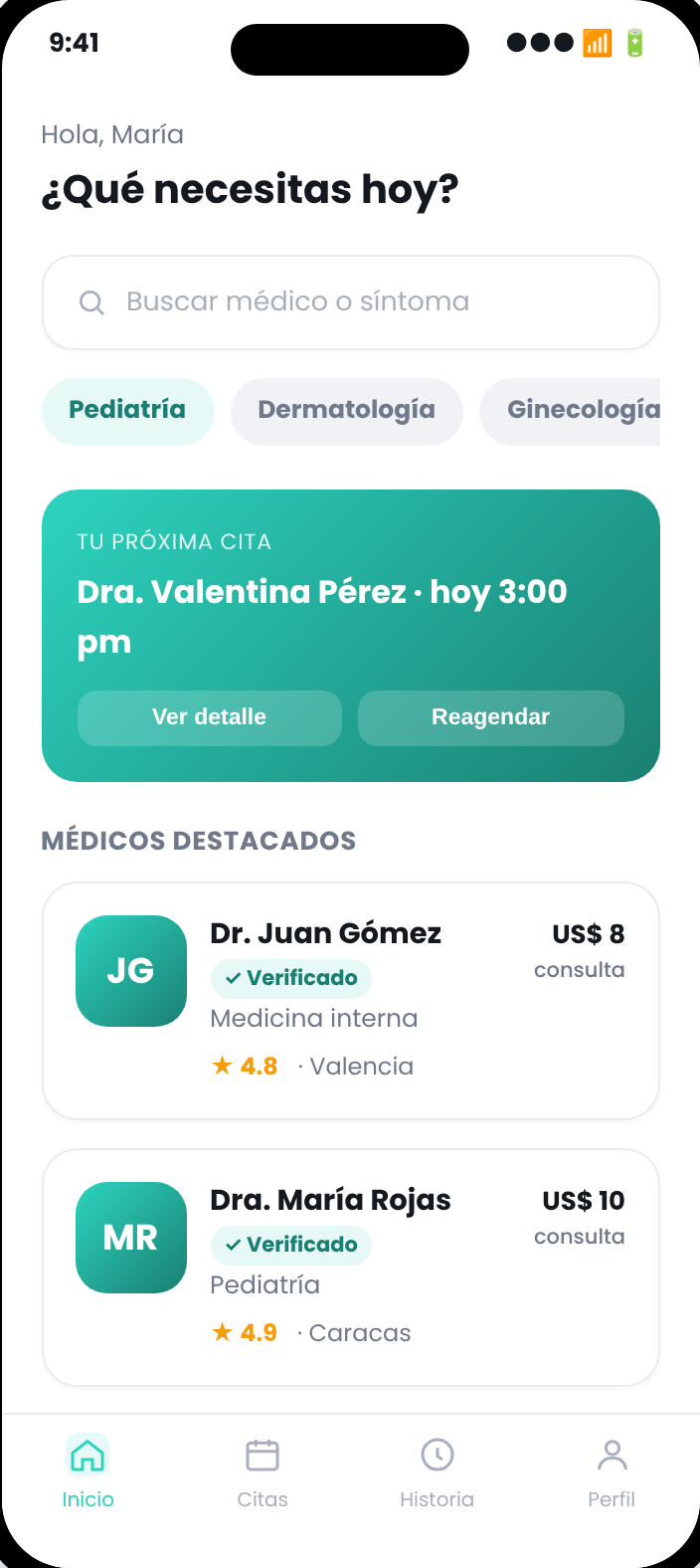 Pantalla de inicio de Voomi Health, buscando médico por especialidad