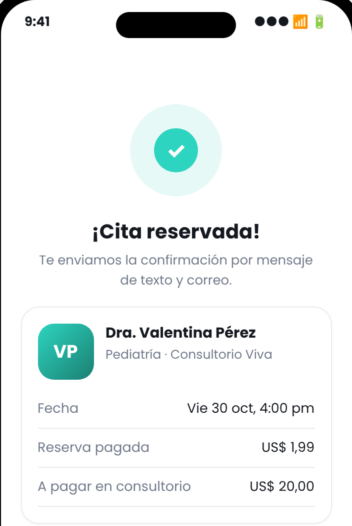 Confirmación de cita reservada en Voomi Health