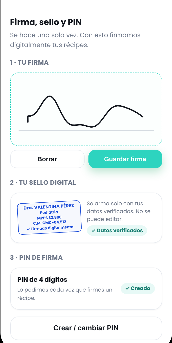 Pantalla para registrar firma digital, sello y PIN del médico