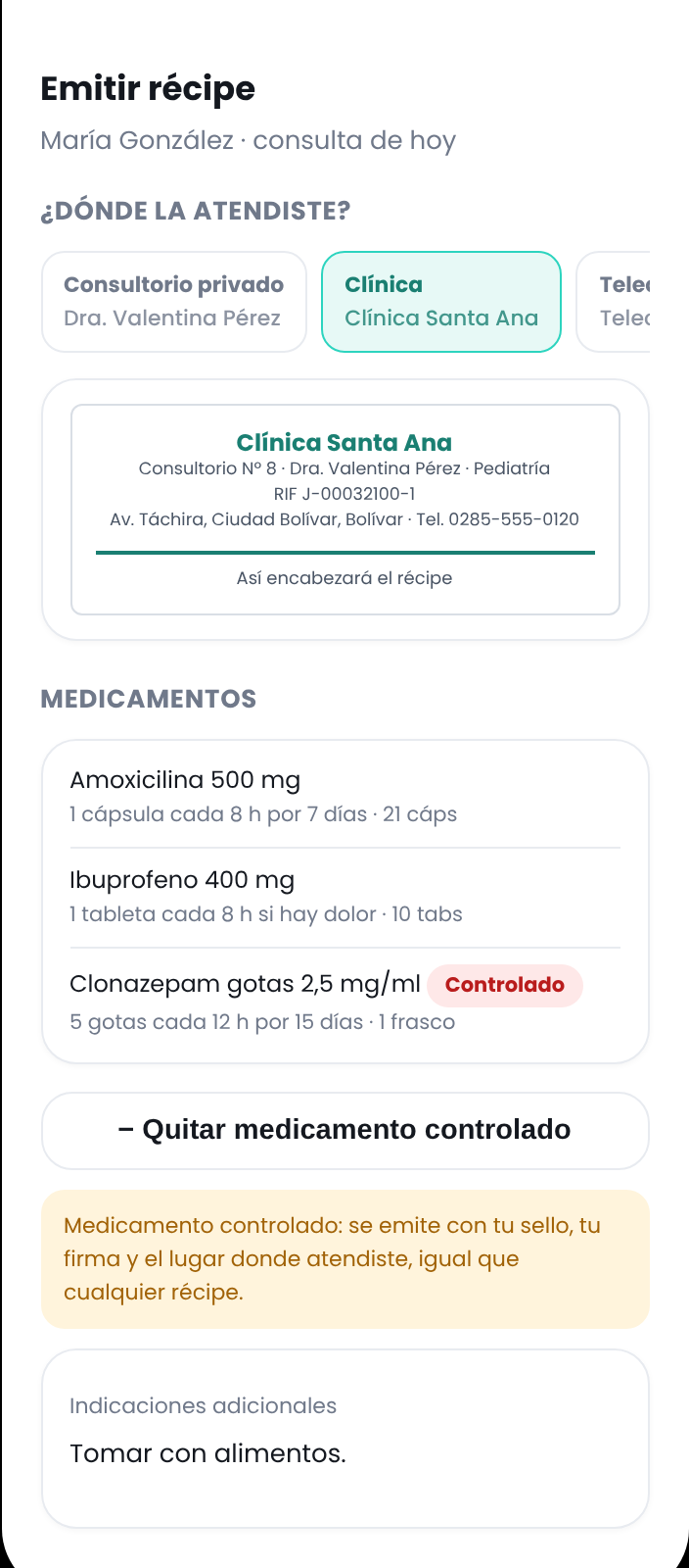 Selección de la sede donde atendió: consultorio privado o clínica