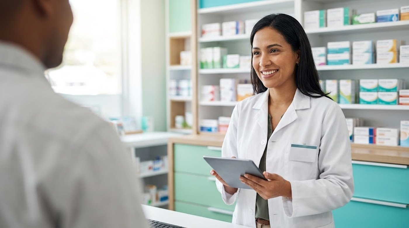 Farmacéutica atendiendo en el mostrador de una farmacia